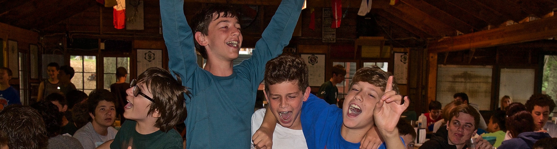 A group of pre teen boys having a blast at Camp Shohola, a residential boys summer camp in Pennsylvania