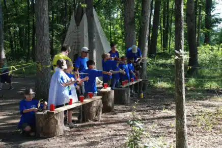 Boys participating in outdoor target game activity at summer camp