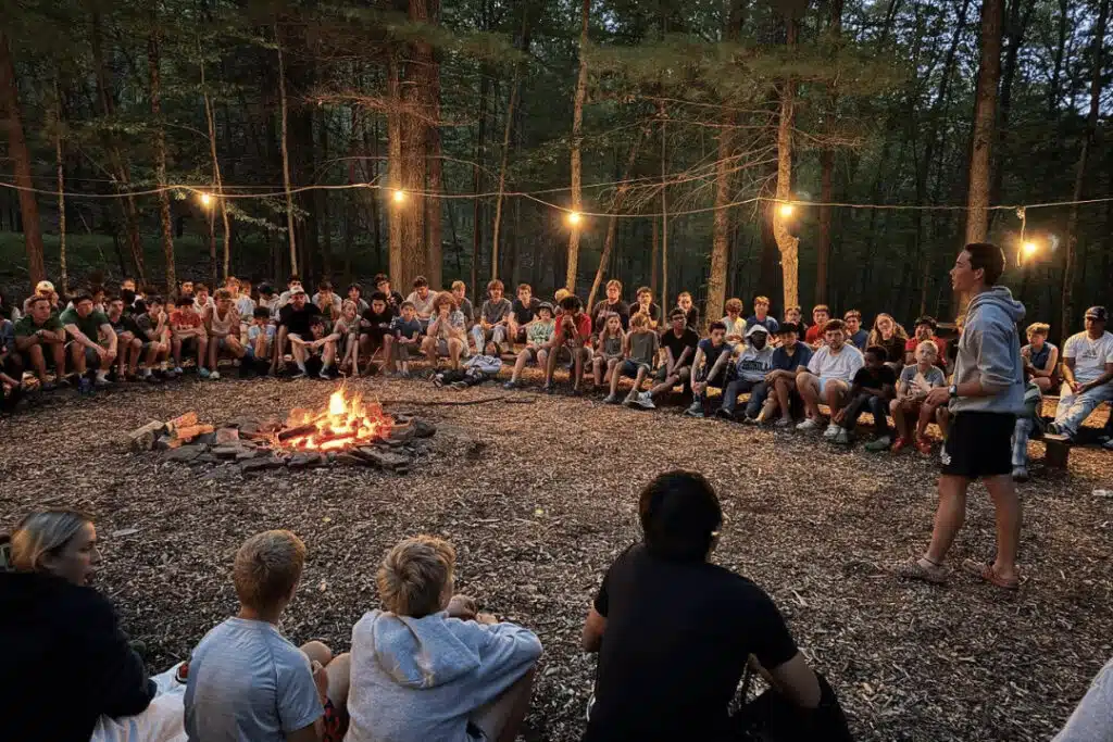 campers developing social skills through group interaction and teamwork at summer camp